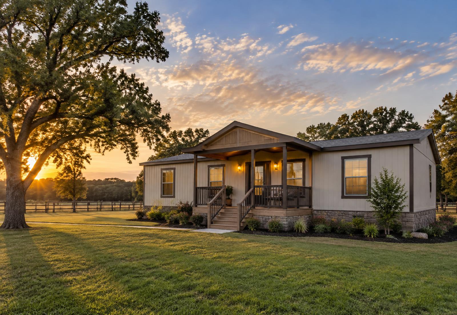 A well-kept manufactured home on its own land at sunset